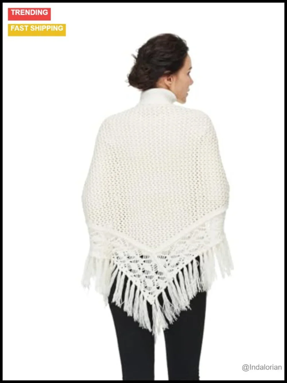 Hand-Crocheted Knit Shawl Wrap with Fringes for Evening Dress Cover Up